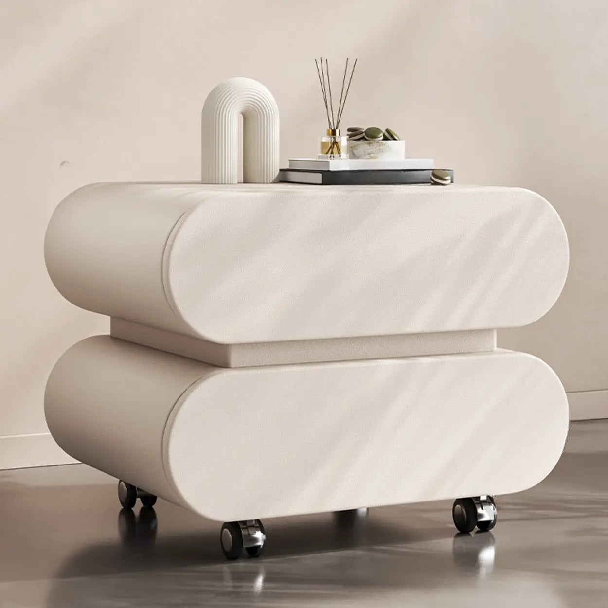 Modern White Wood Rolling Caster Nightstand — Khaki/ Black