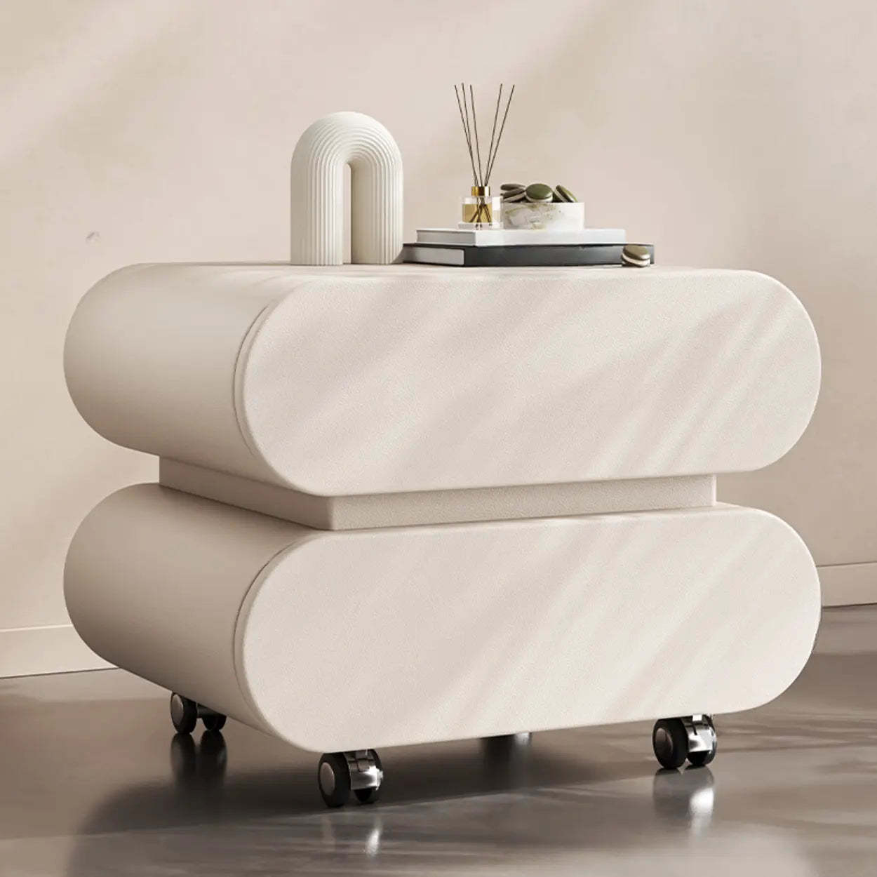 Modern White Wood Rolling Caster Nightstand — Khaki/ Black