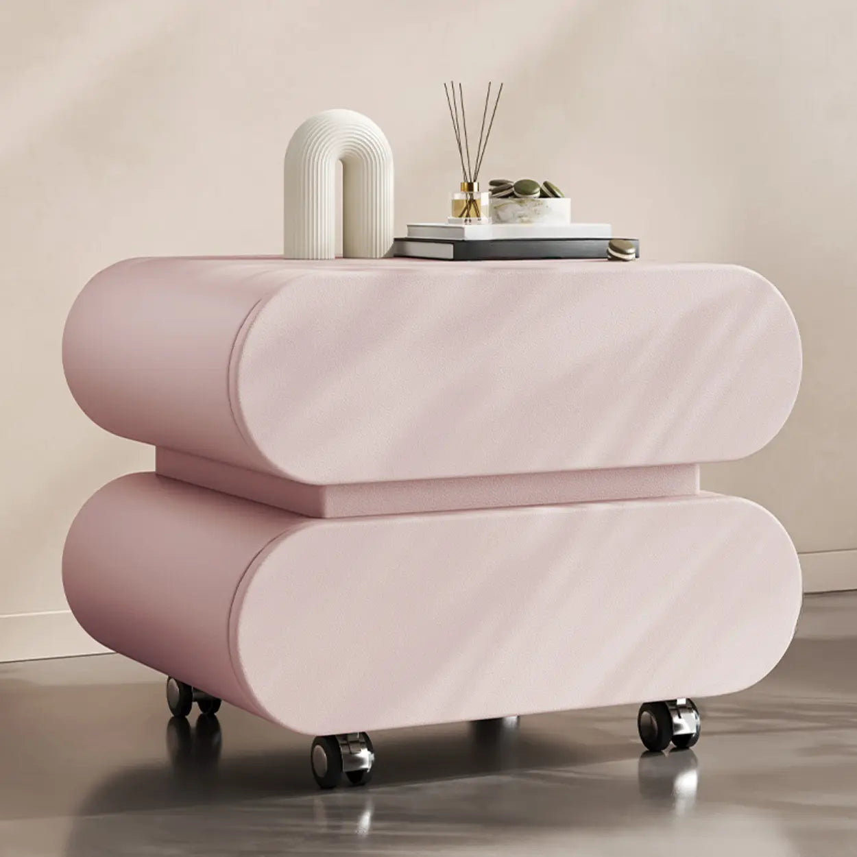 Modern White Wood Rolling Caster Nightstand — Khaki/ Black