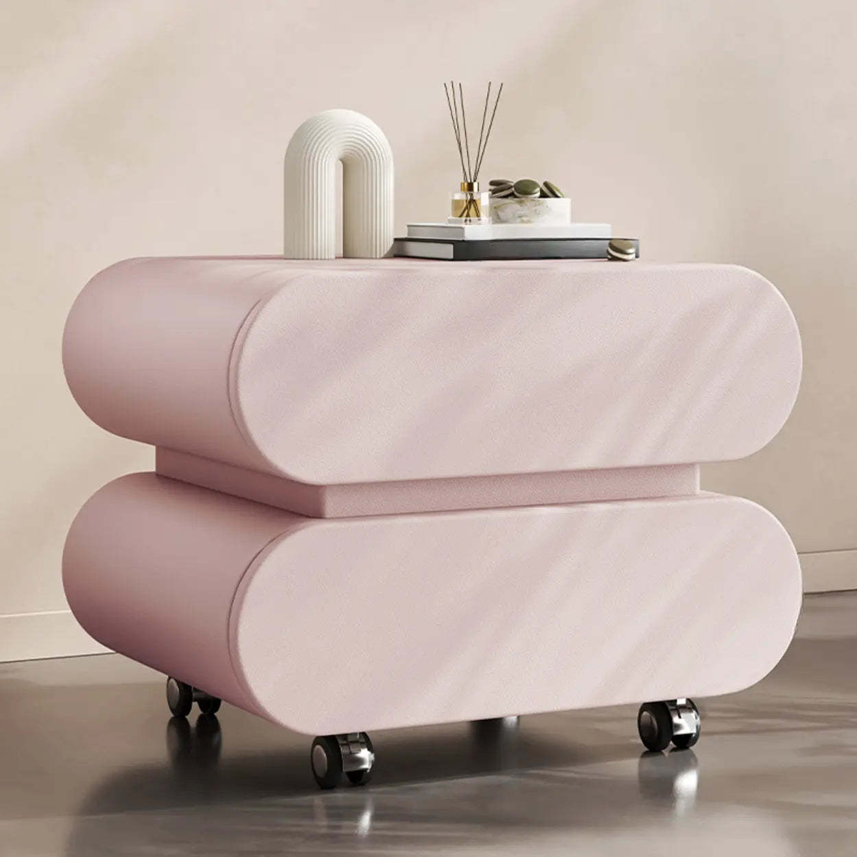 Modern White Wood Rolling Caster Nightstand — Khaki/ Black