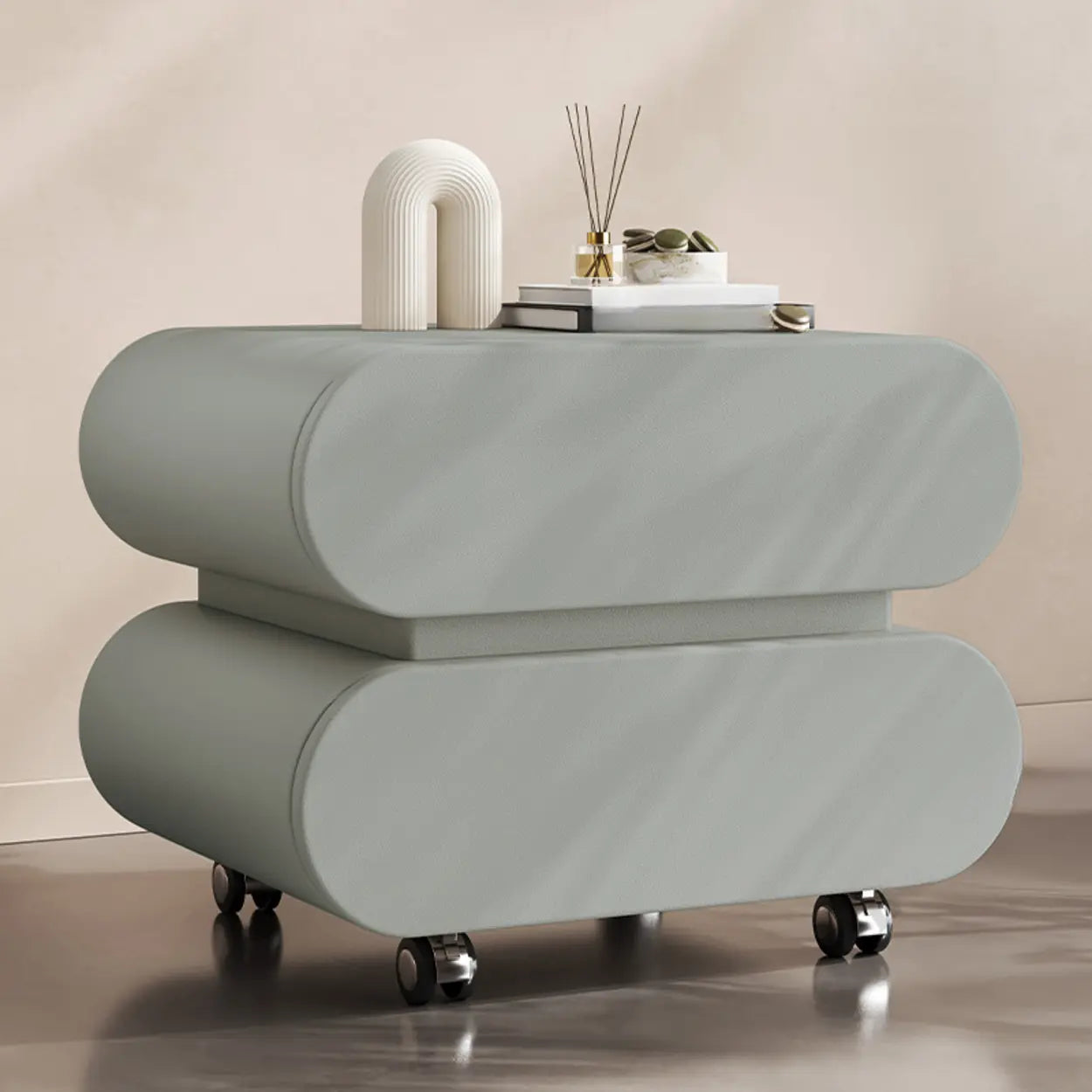 Modern White Wood Rolling Caster Nightstand — Beige/ Walnut
