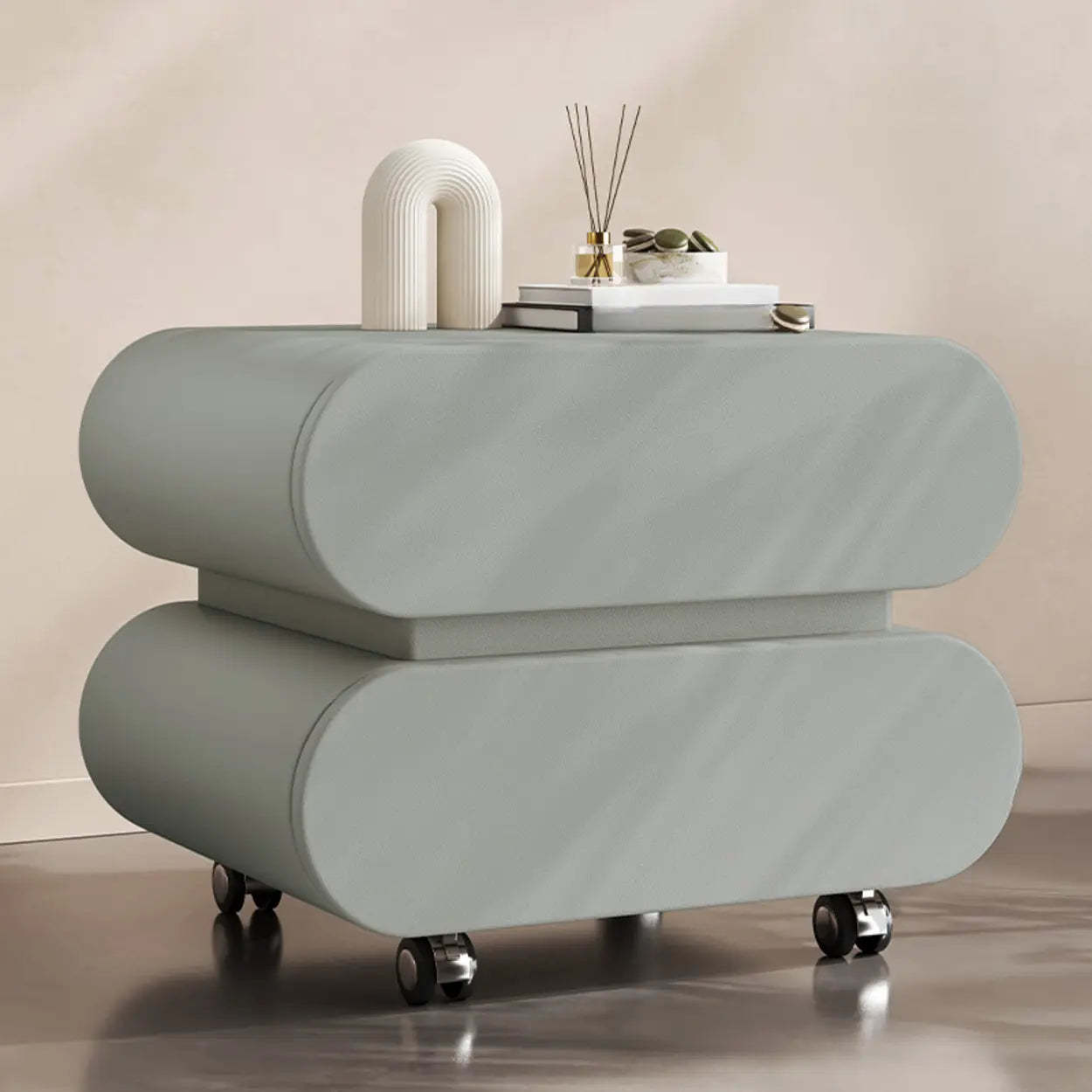 Modern White Wood Rolling Caster Nightstand — Beige/ Walnut