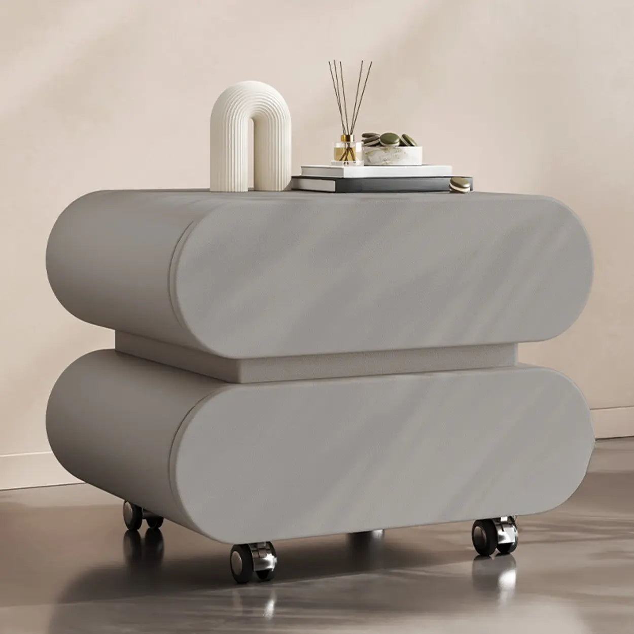 Modern White Wood Rolling Caster Nightstand — Beige/ Walnut