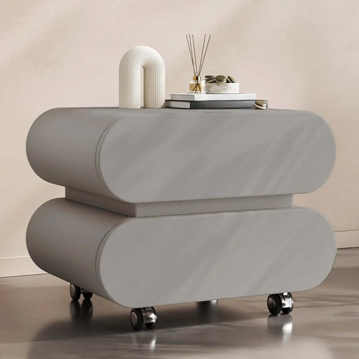 Modern White Wood Rolling Caster Nightstand — Beige/ Walnut