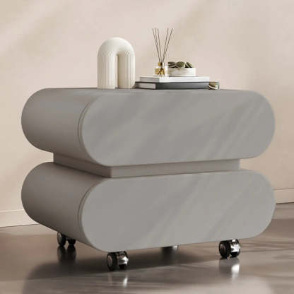 Modern White Wood Rolling Caster Nightstand — Beige/ Walnut
