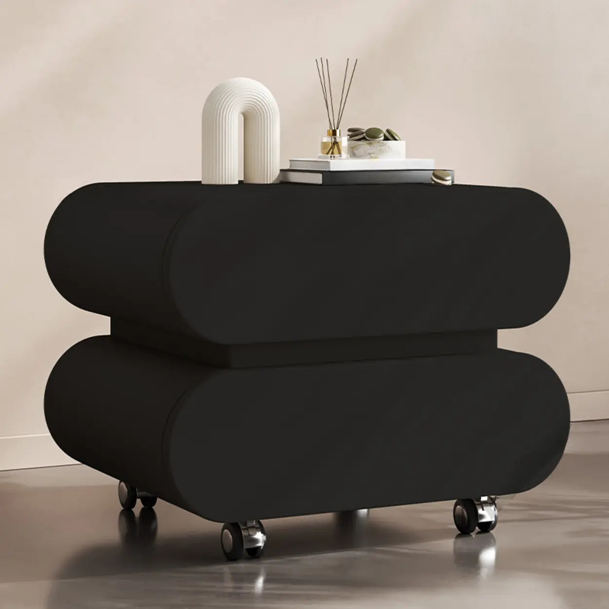 Modern White Wood Rolling Caster Nightstand — Walnut/ Dark Gray