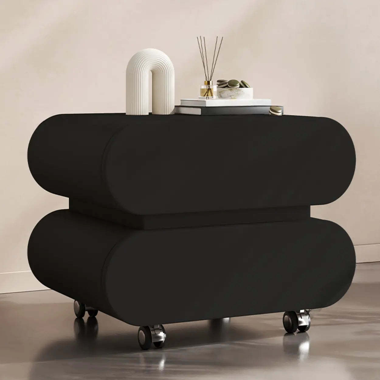 Modern White Wood Rolling Caster Nightstand — Walnut/ Dark Gray