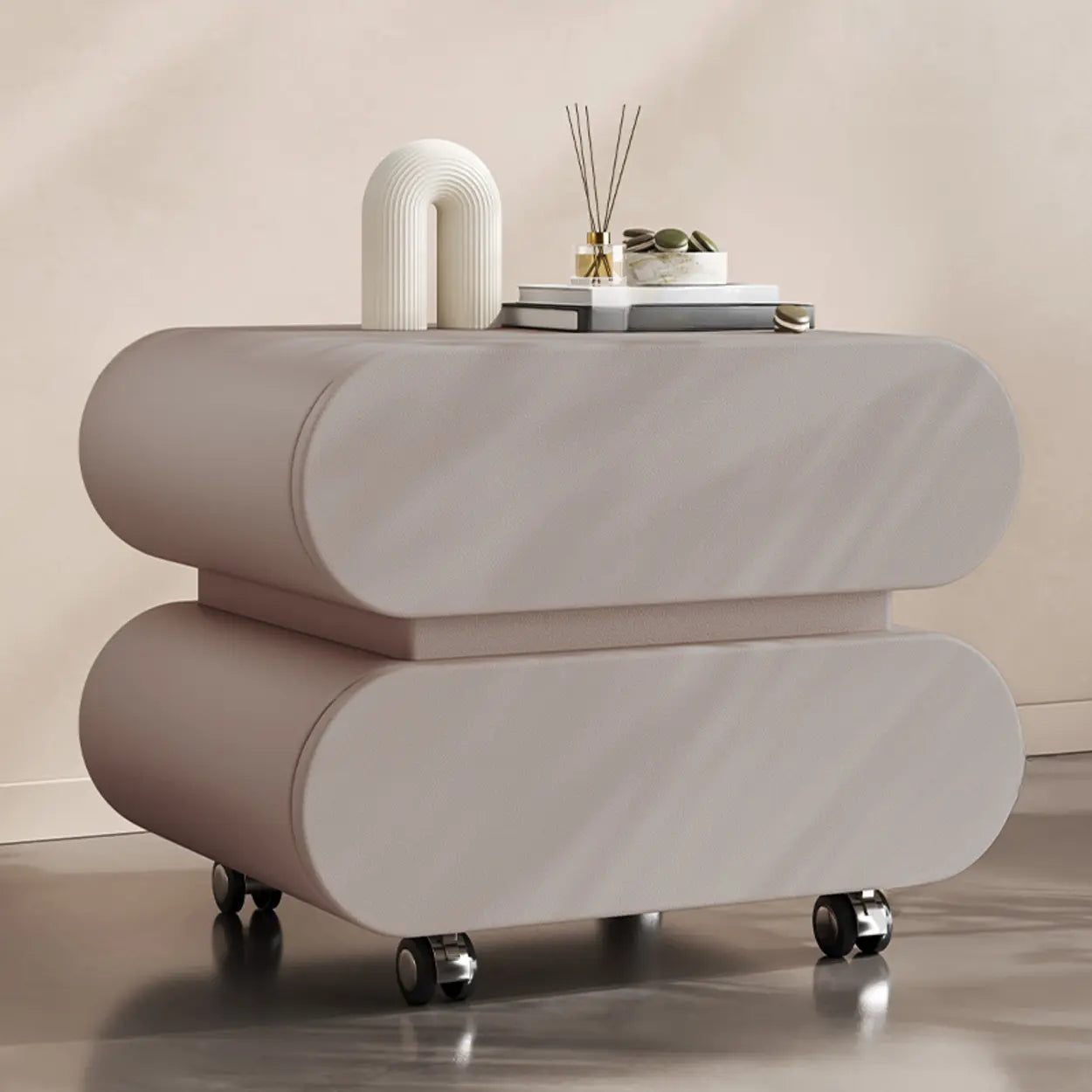 Modern White Wood Rolling Caster Nightstand — Walnut/ Dark Gray