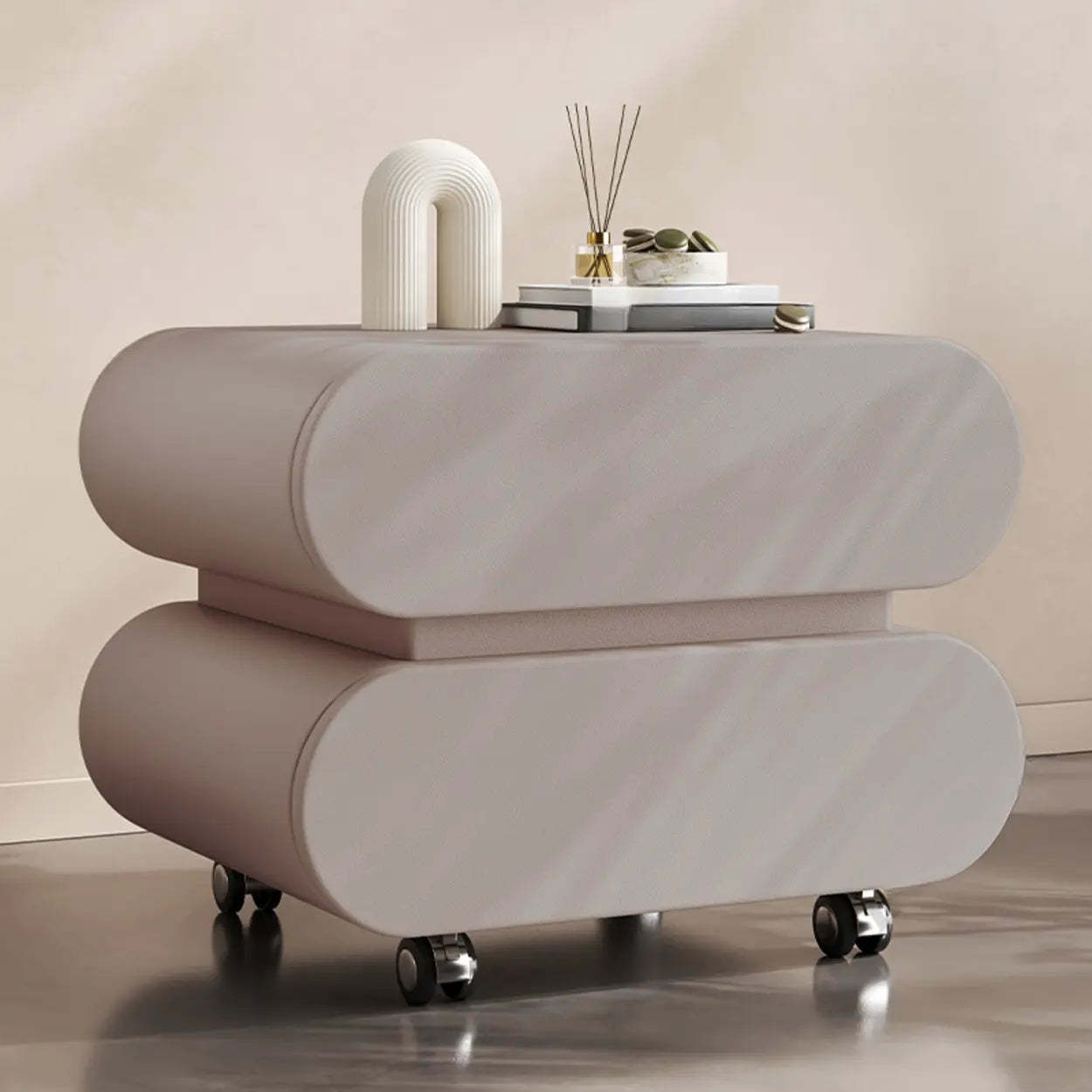 Modern White Wood Rolling Caster Nightstand — Walnut/ Dark Gray