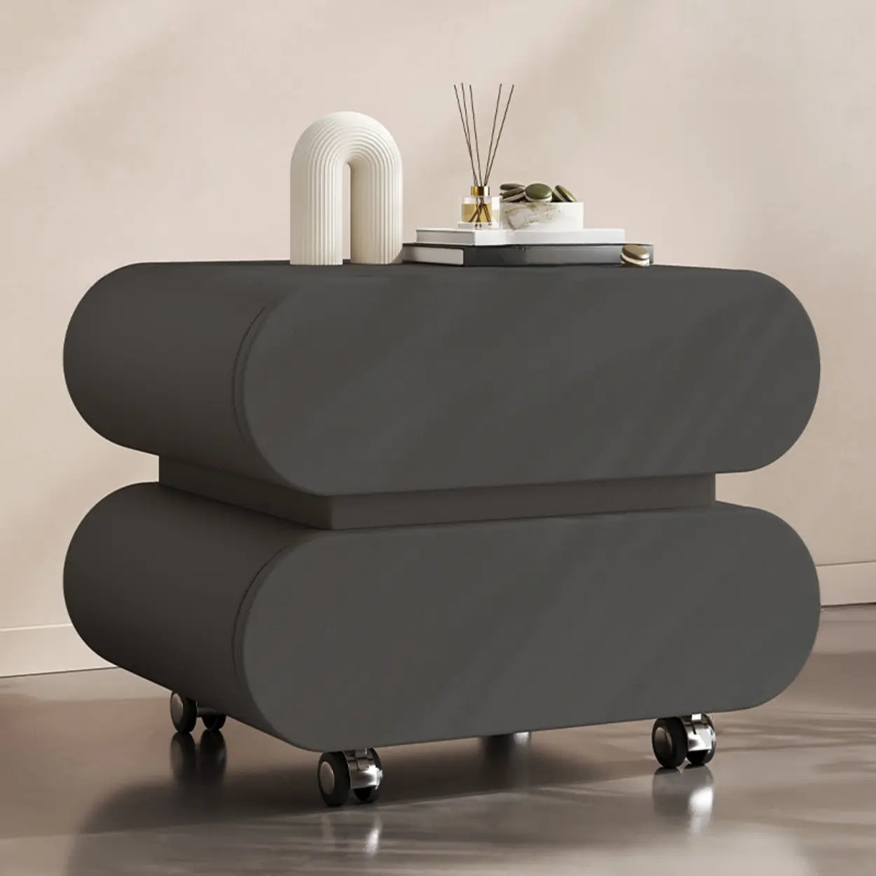 Modern White Wood Rolling Caster Nightstand — Griege/ Black