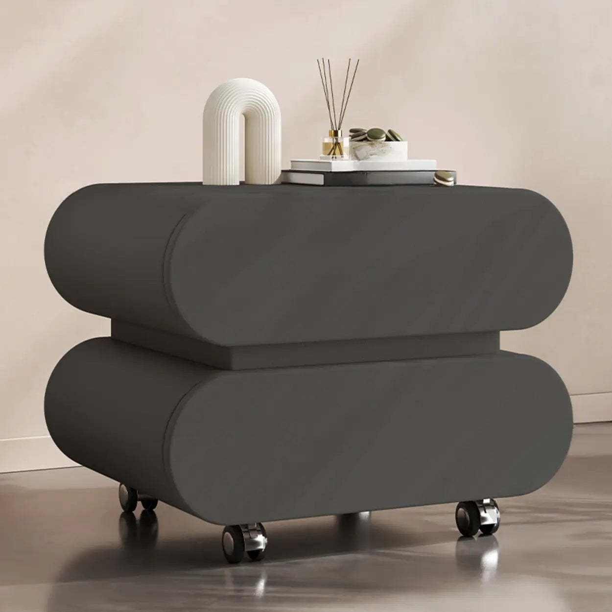Modern White Wood Rolling Caster Nightstand — Griege/ Black