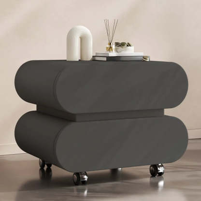Modern White Wood Rolling Caster Nightstand — Griege/ Black