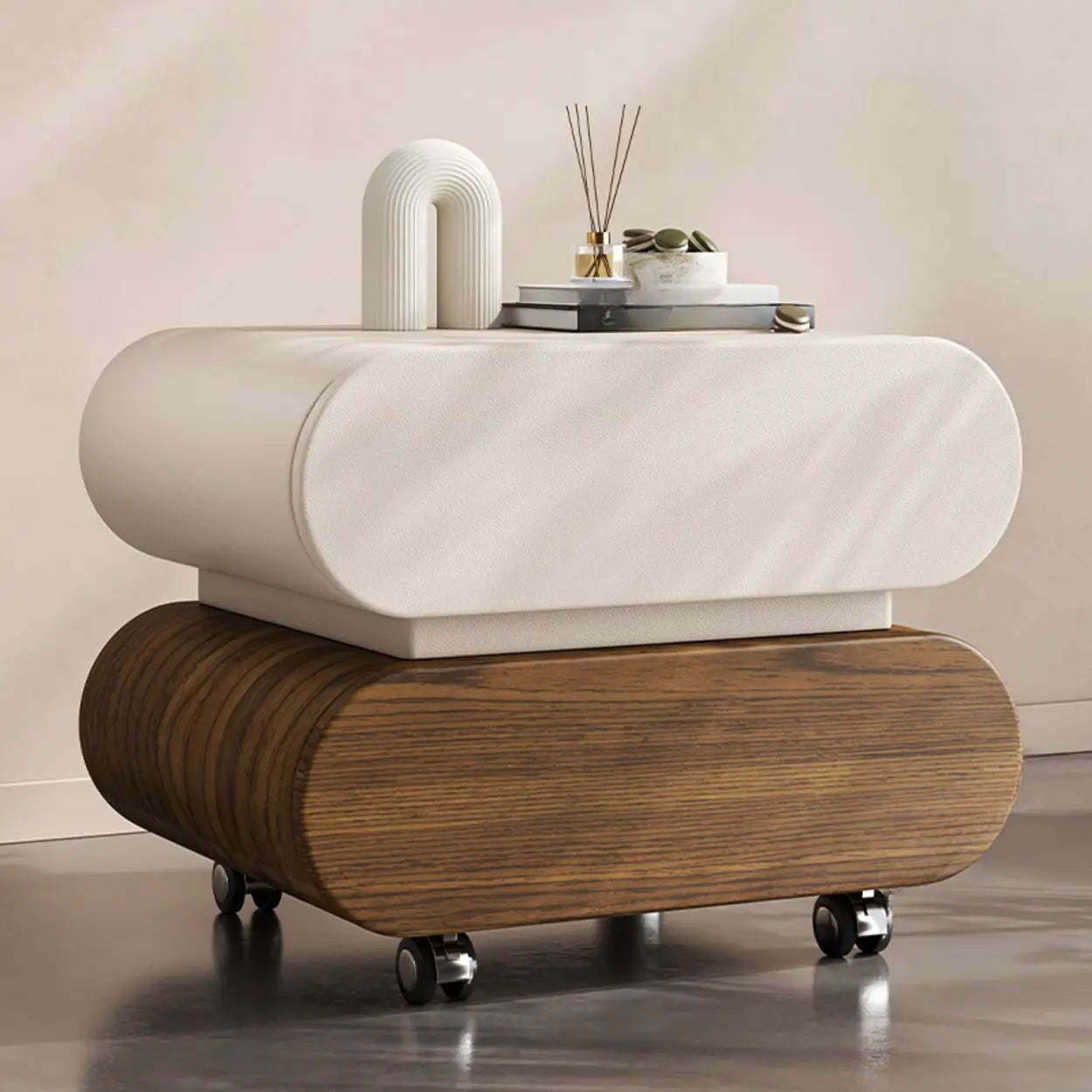 Modern White Wood Rolling Caster Nightstand — Black