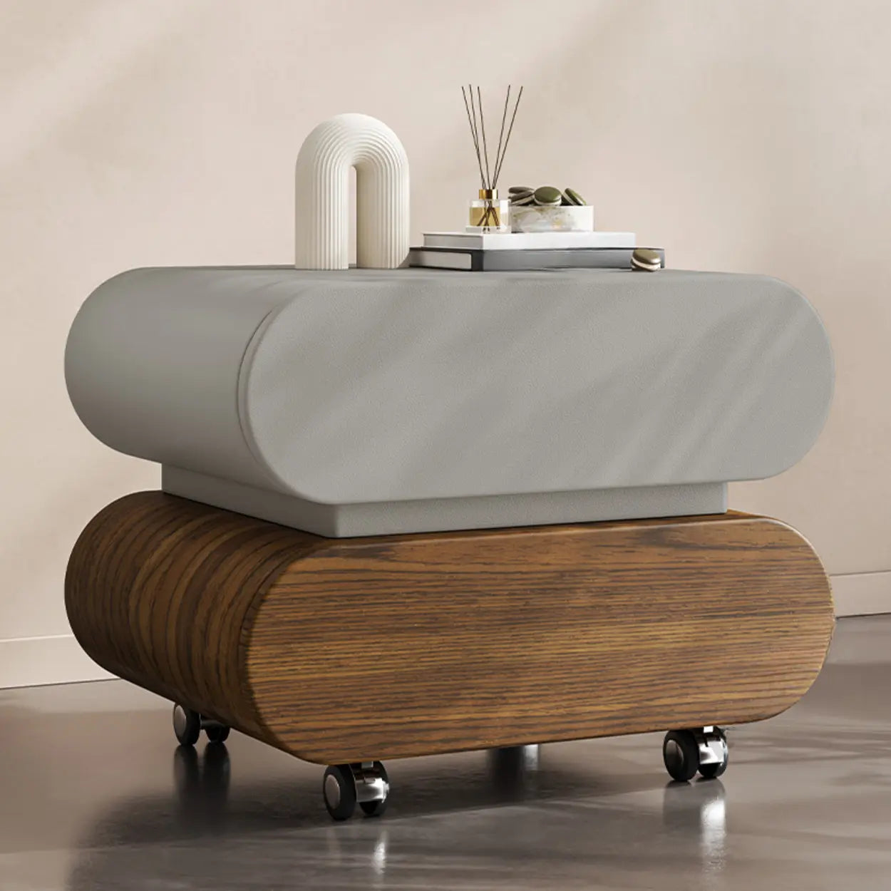 Modern White Wood Rolling Caster Nightstand — Black/ Walnut