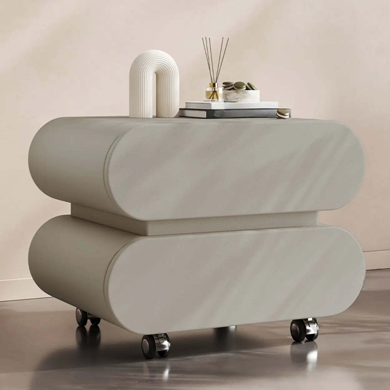 Modern White Wood Rolling Caster Nightstand — Griege/ Black