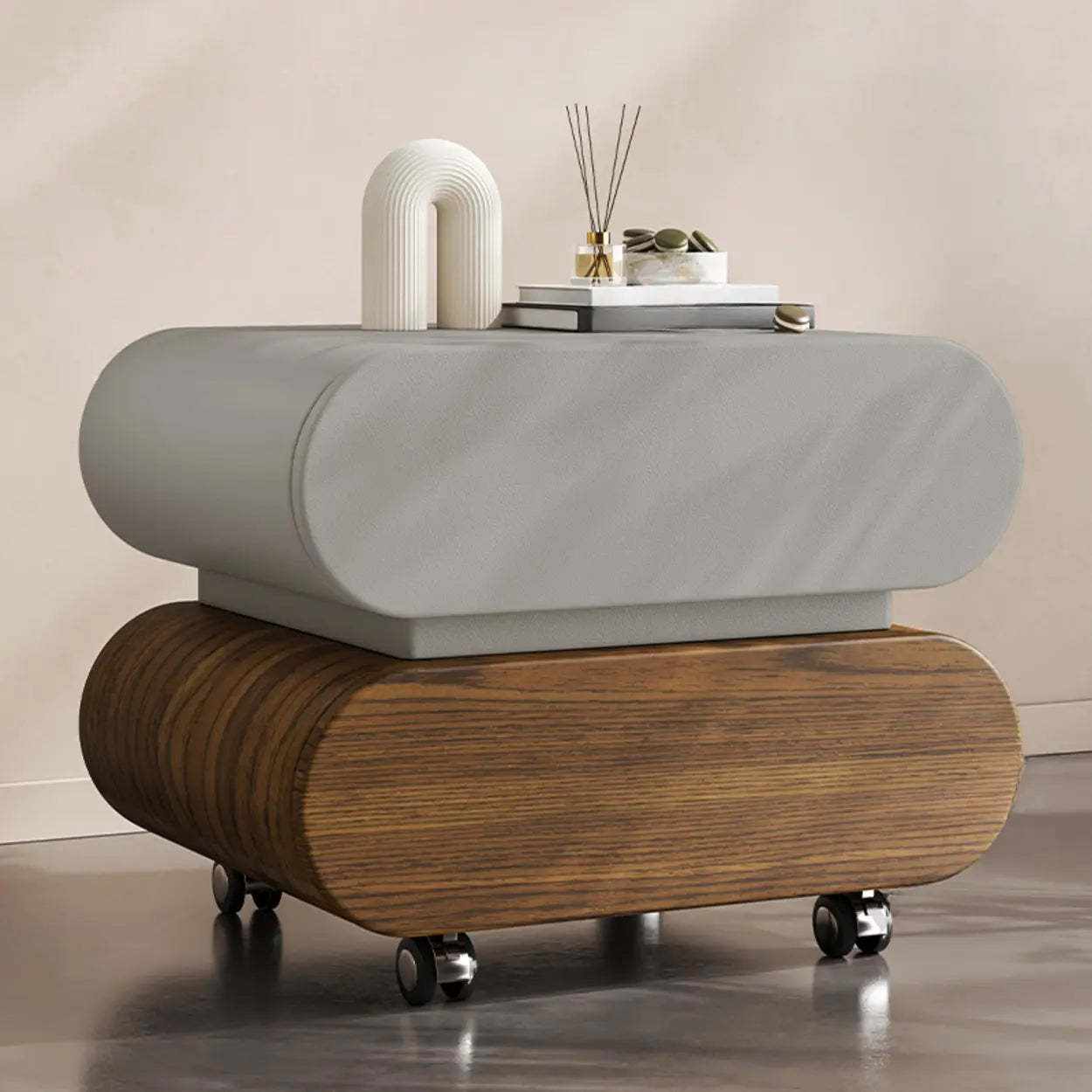 Modern White Wood Rolling Caster Nightstand — Black/ Walnut