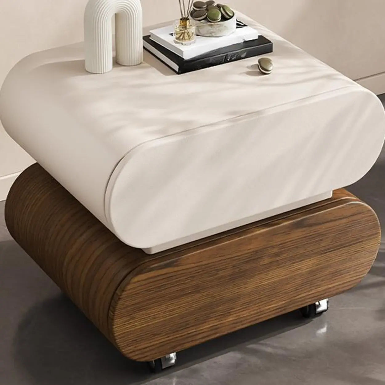 Modern White Wood Rolling Caster Nightstand — Black/ Walnut
