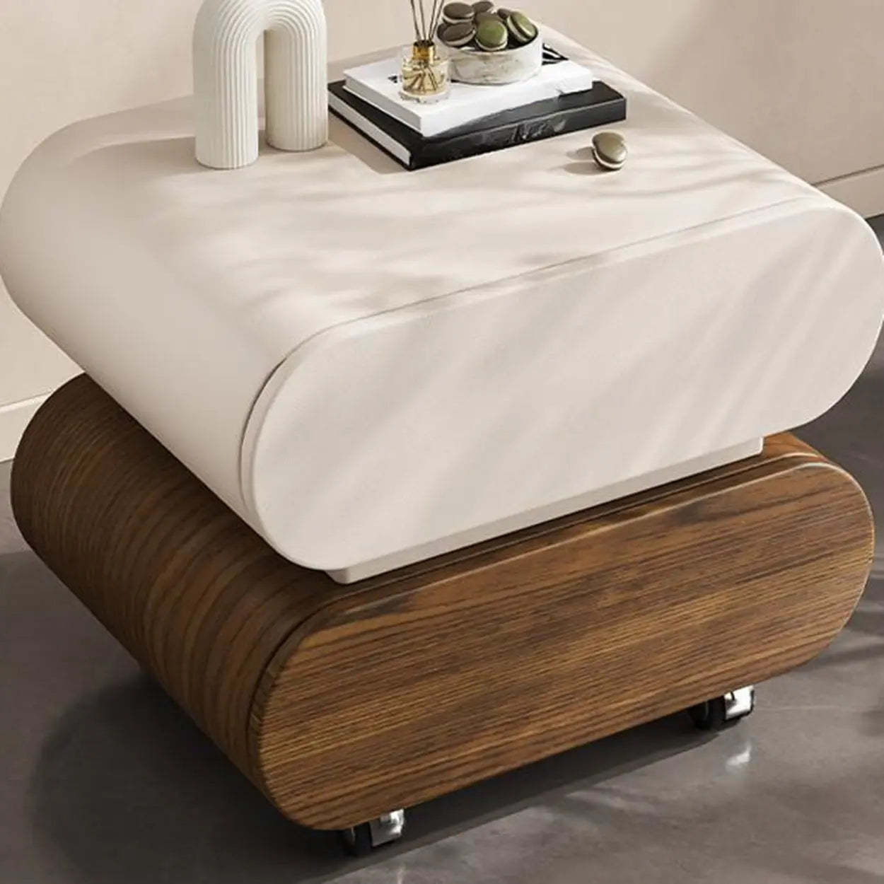 Modern White Wood Rolling Caster Nightstand — Black/ Walnut