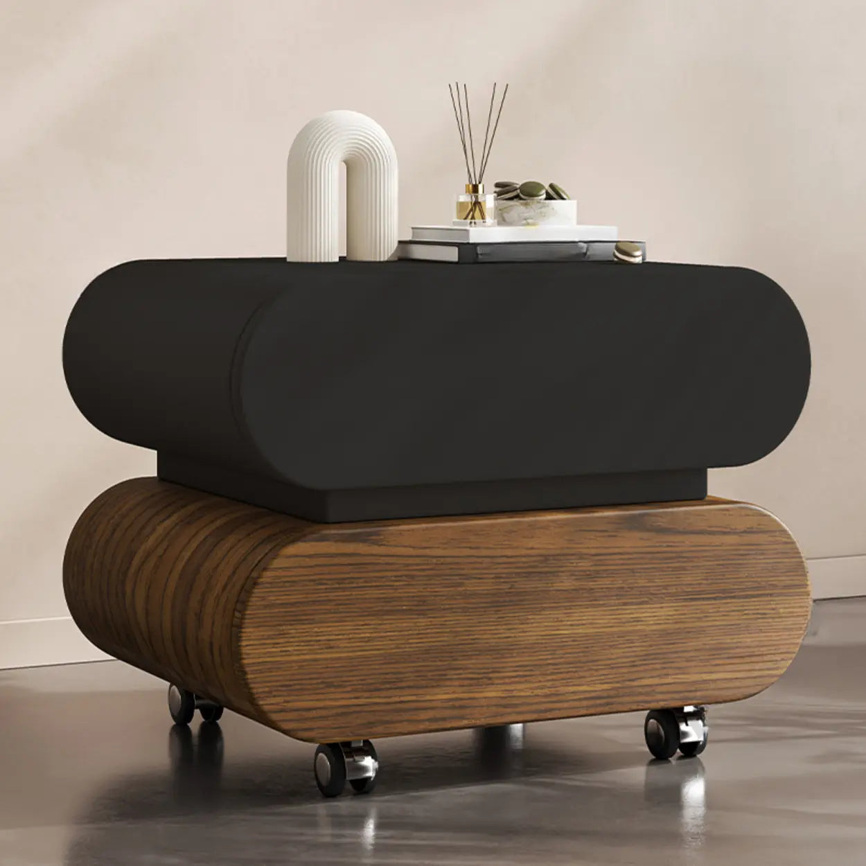 Modern White Wood Rolling Caster Nightstand — White