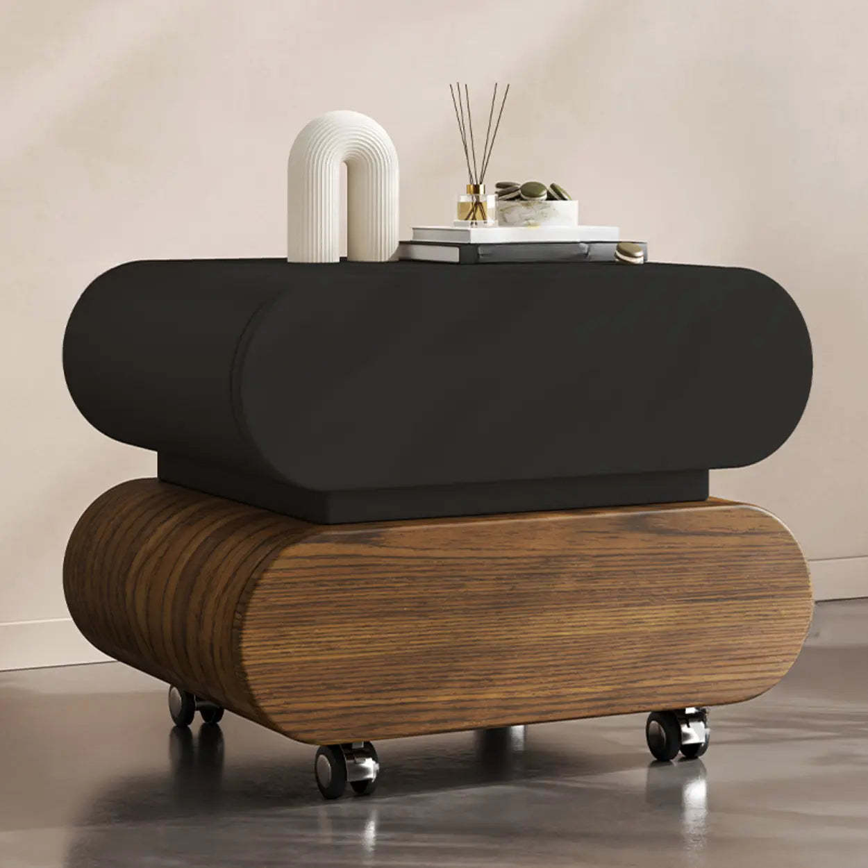 Modern White Wood Rolling Caster Nightstand — White