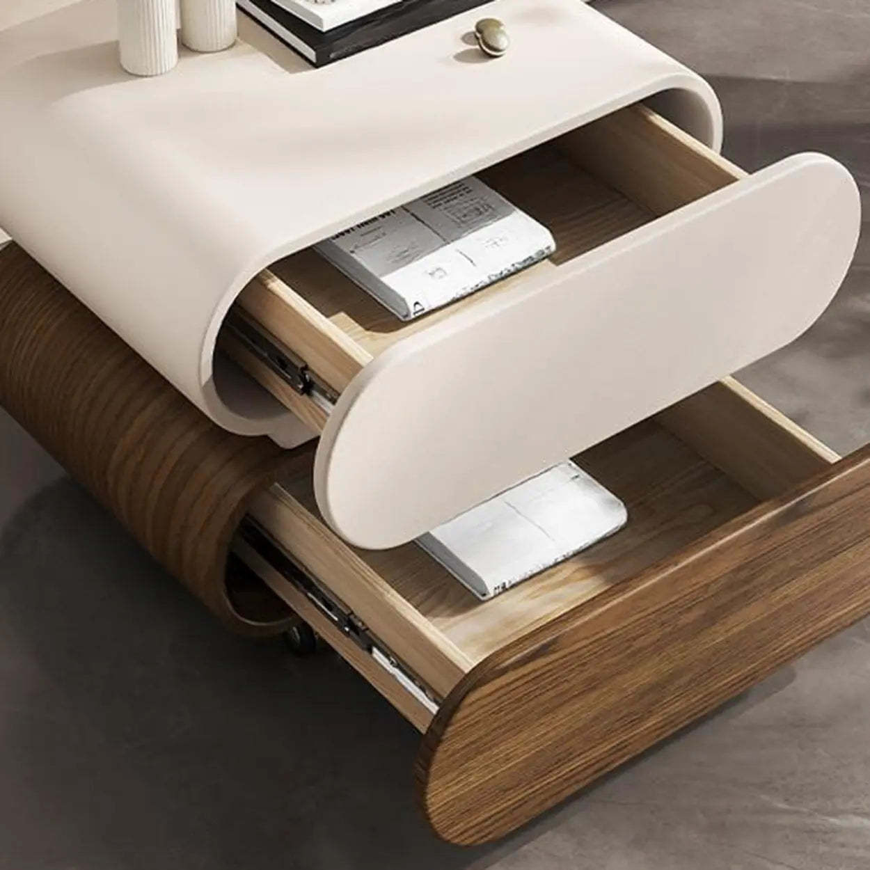 Modern White Wood Rolling Caster Nightstand — White