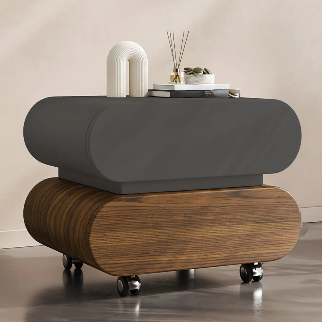 Modern White Wood Rolling Caster Nightstand — Off-White