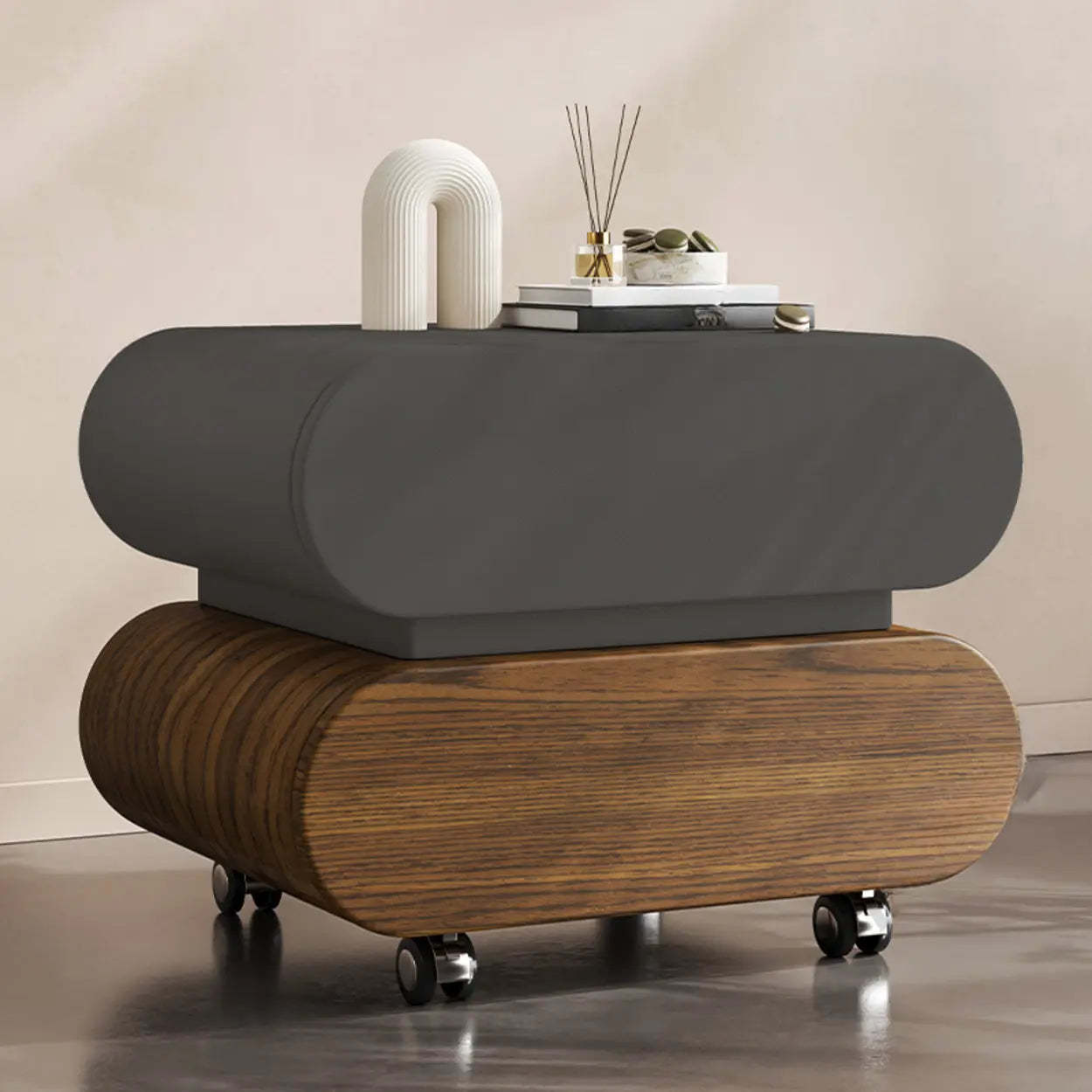 Modern White Wood Rolling Caster Nightstand — Off-White