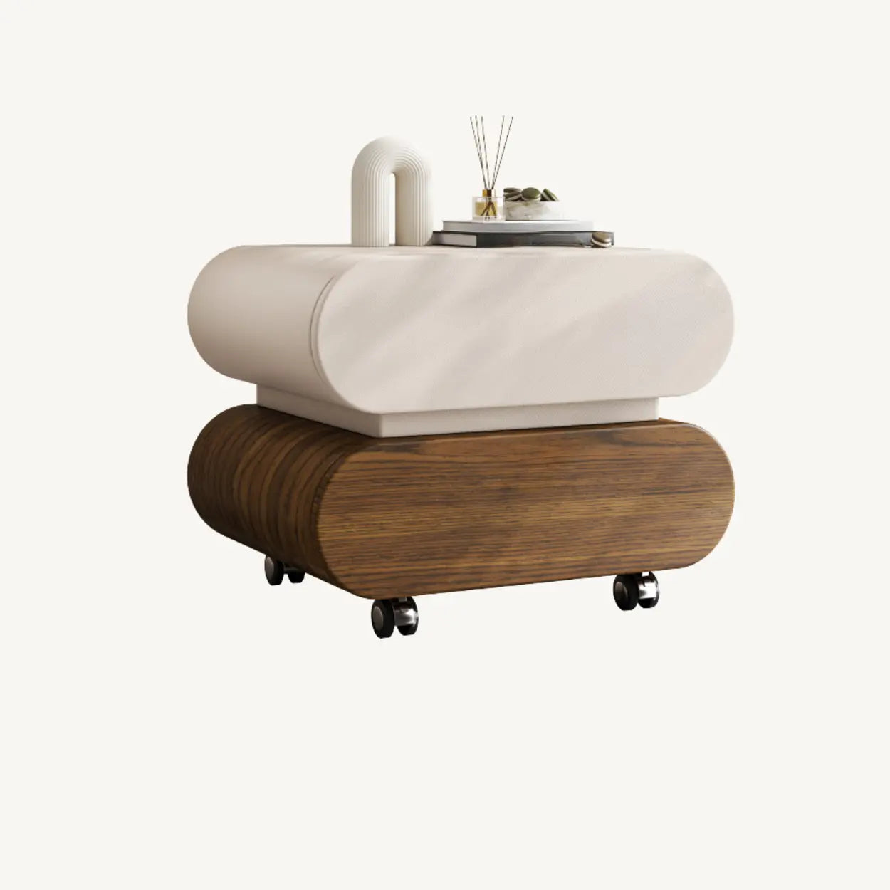 Modern White Wood Rolling Caster Nightstand — Off-White