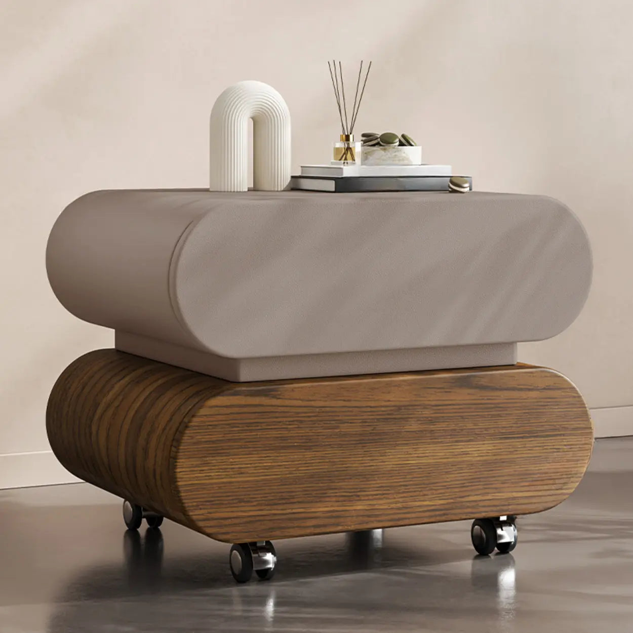 Modern White Wood Rolling Caster Nightstand — Green