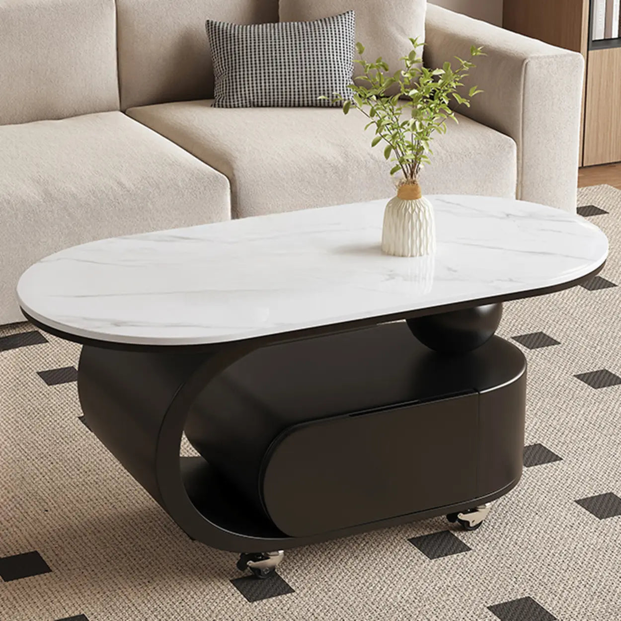 Modern Rolling Storage Coffee Table — White-Black