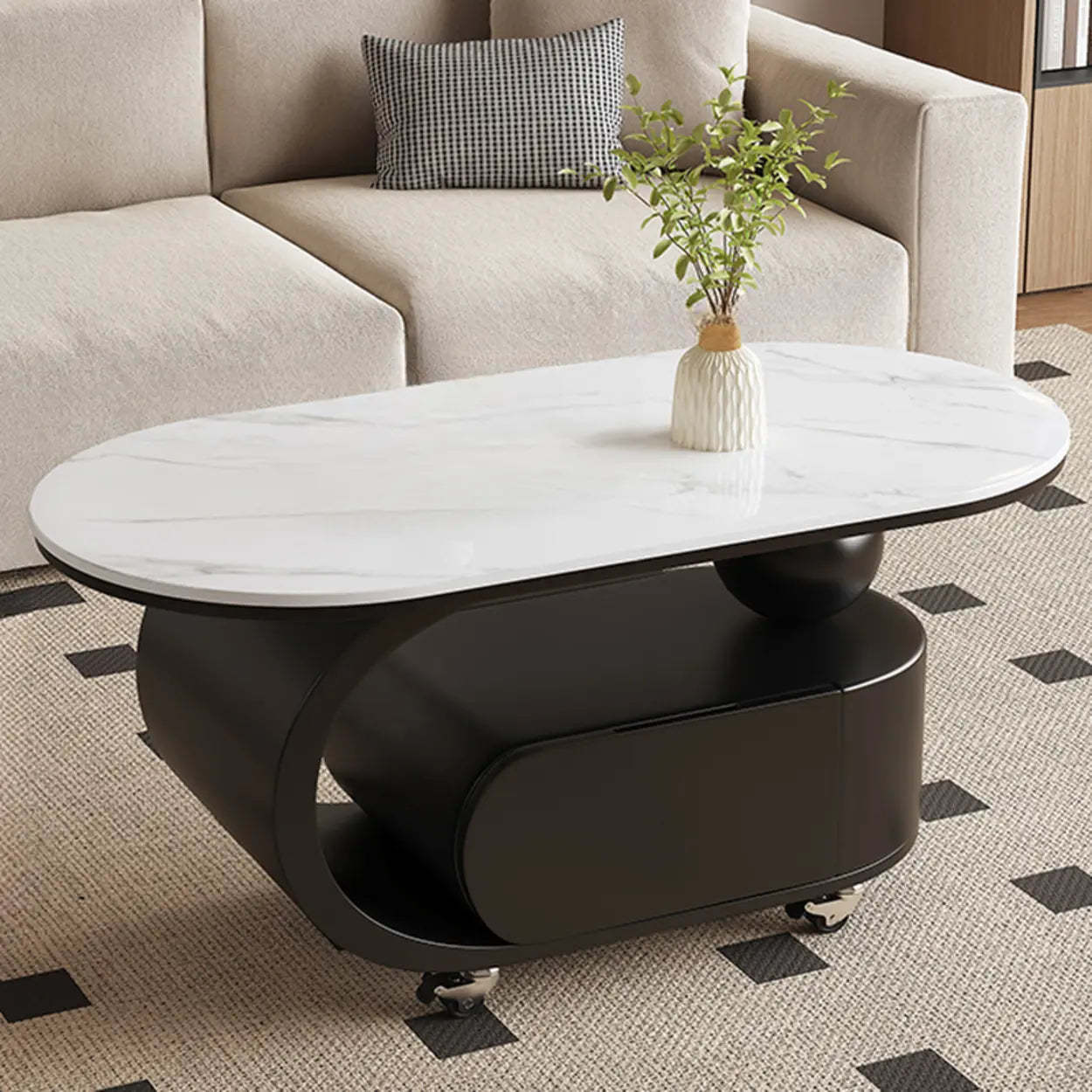 Modern Rolling Storage Coffee Table — White-Black