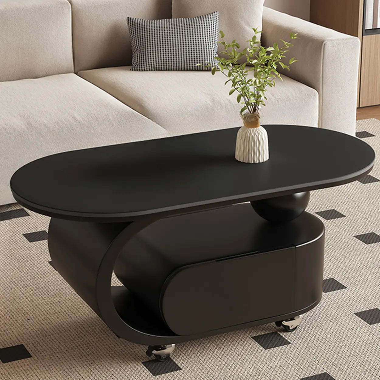 Lighom modern rolling storage black coffee tables in stone — 39.5"L x 19.5"W x 18"H