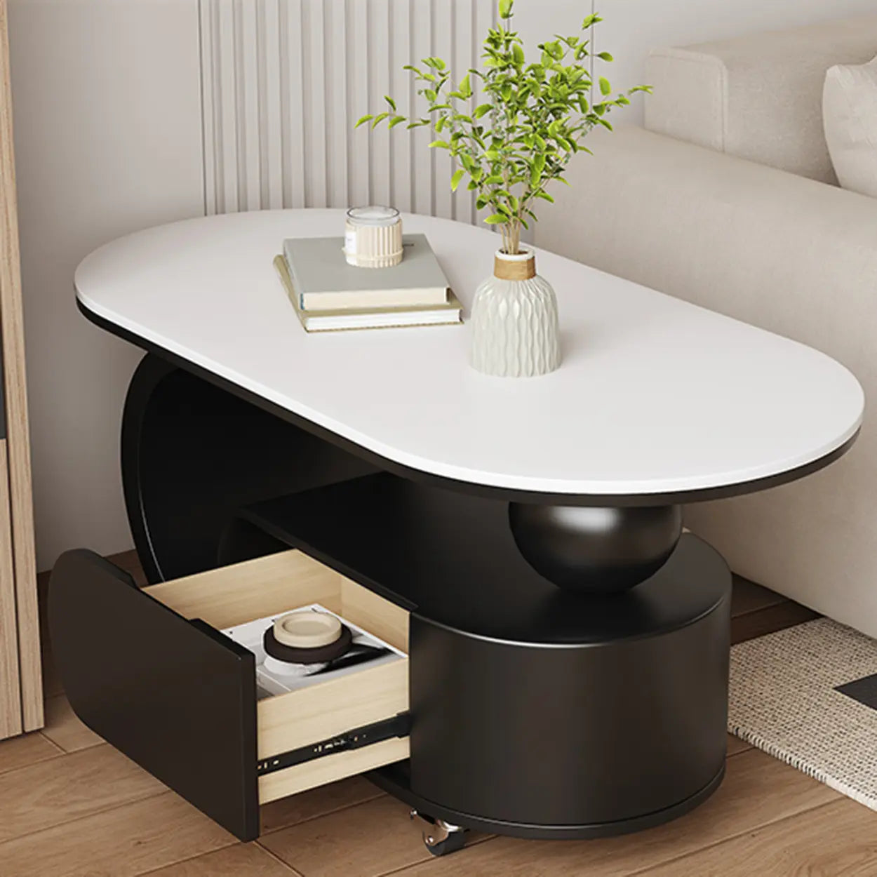 Modern Rolling Storage Coffee Table — Warm White
