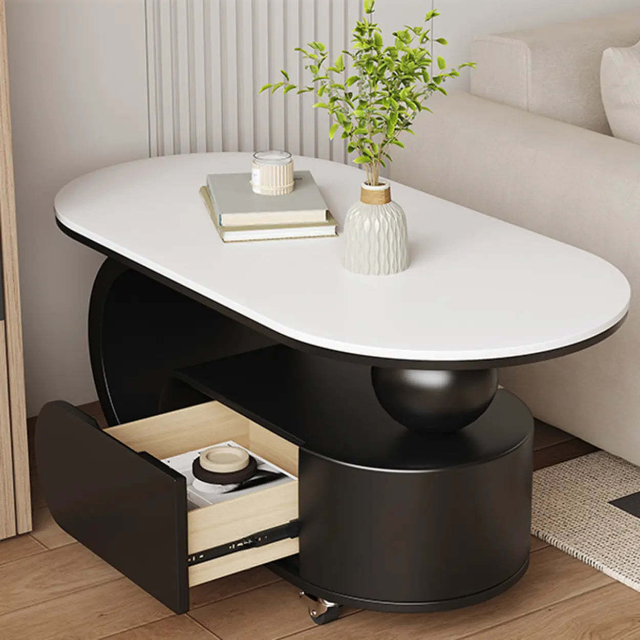 Modern Rolling Storage Coffee Table — Warm White