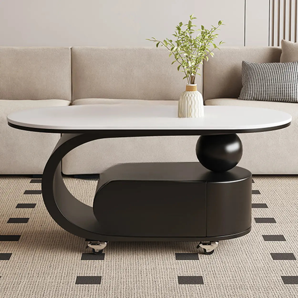Modern Rolling Storage Coffee Table — White-Black