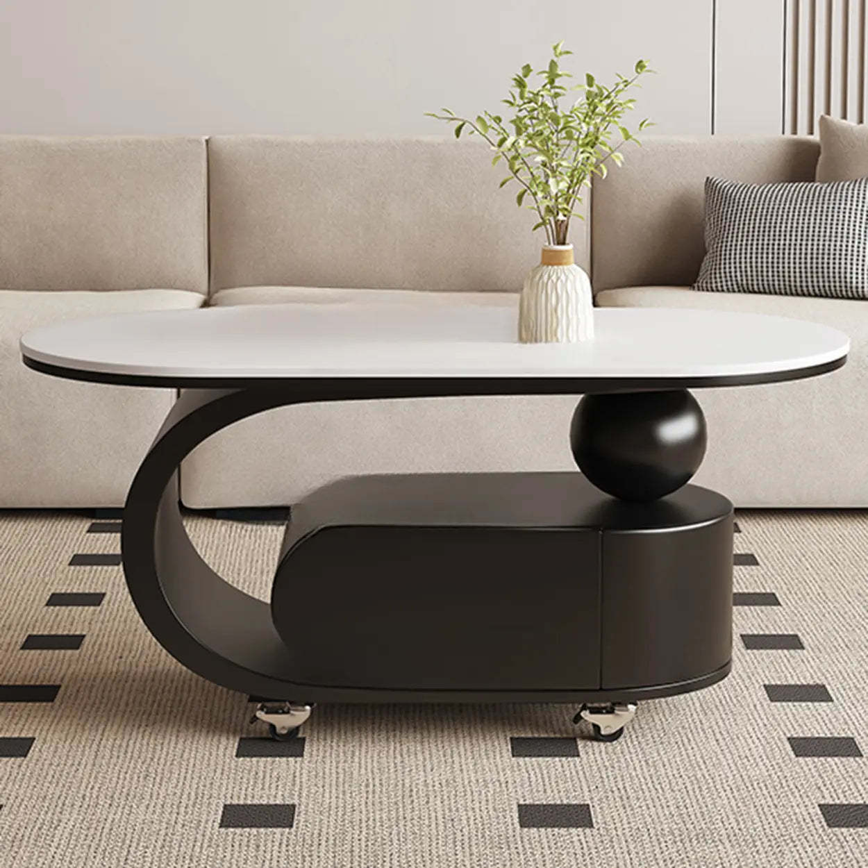 Modern Rolling Storage Coffee Table — White-Black