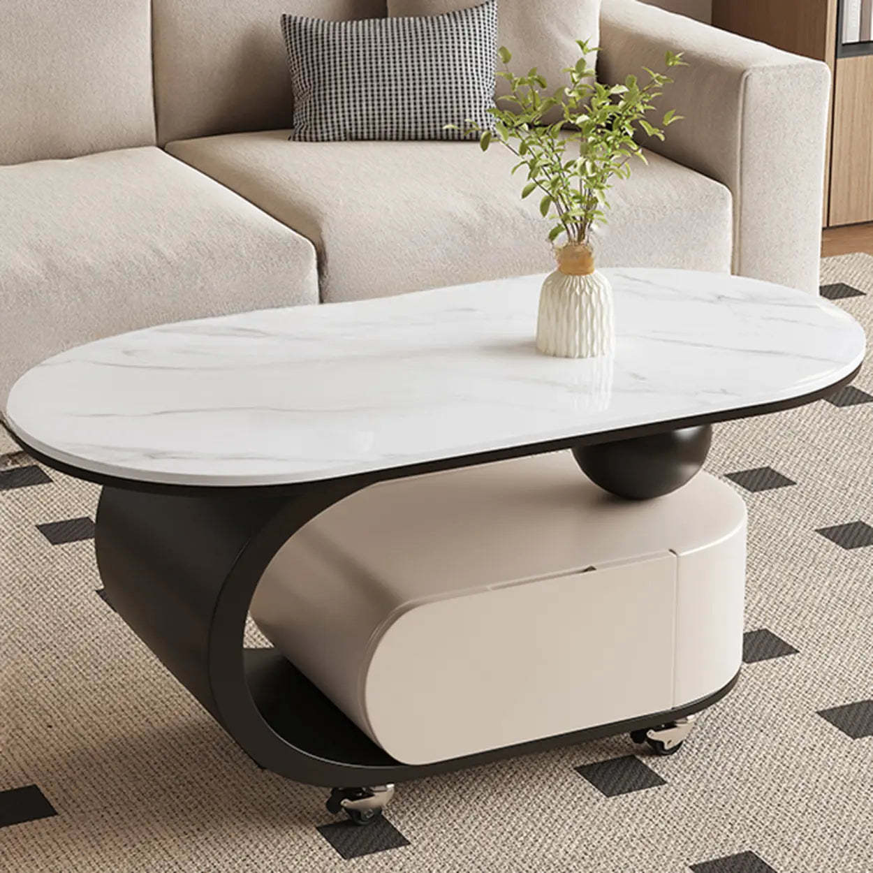 Modern Rolling Storage Coffee Table — White-Black