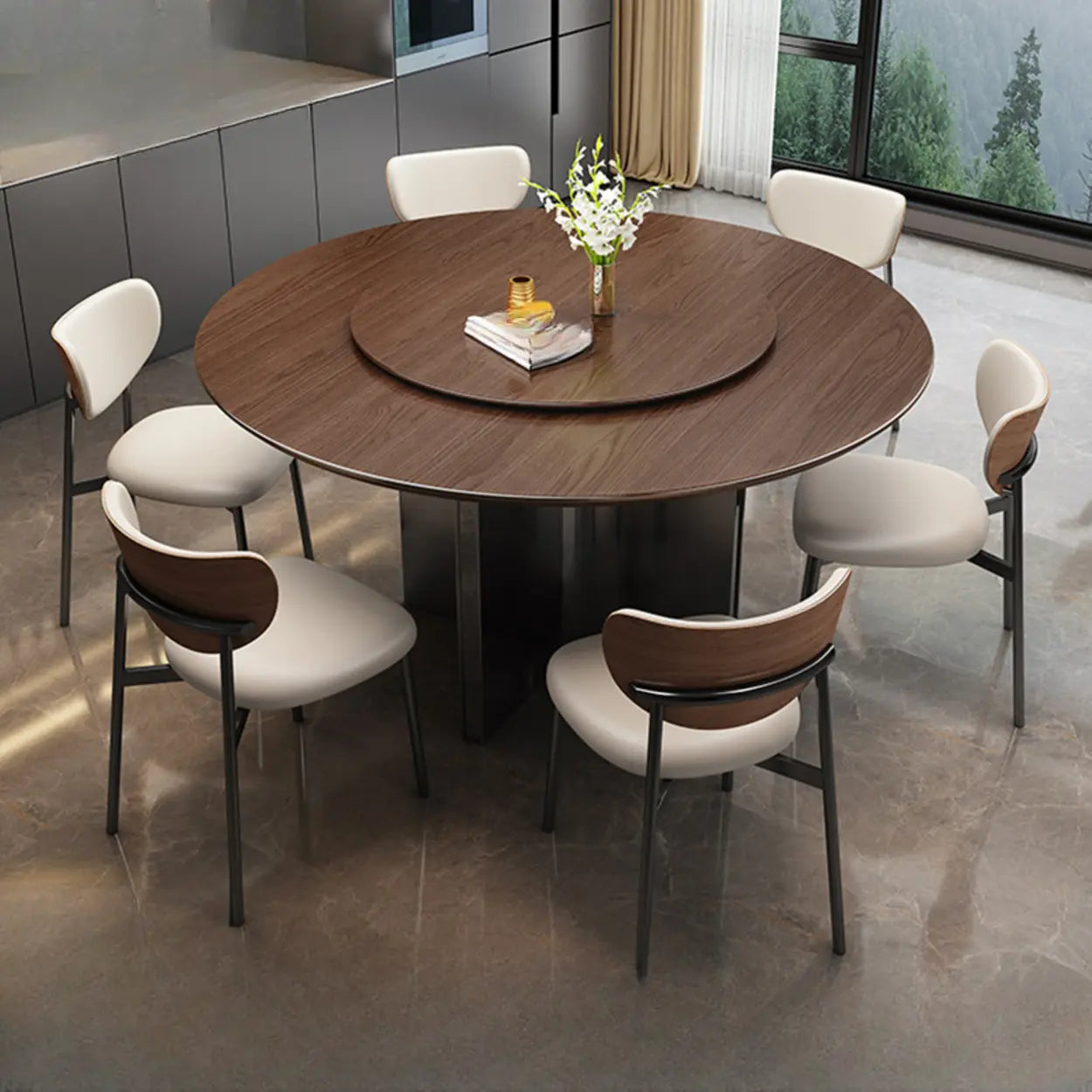 Modern Rotating Round Brown Wood Dining Table