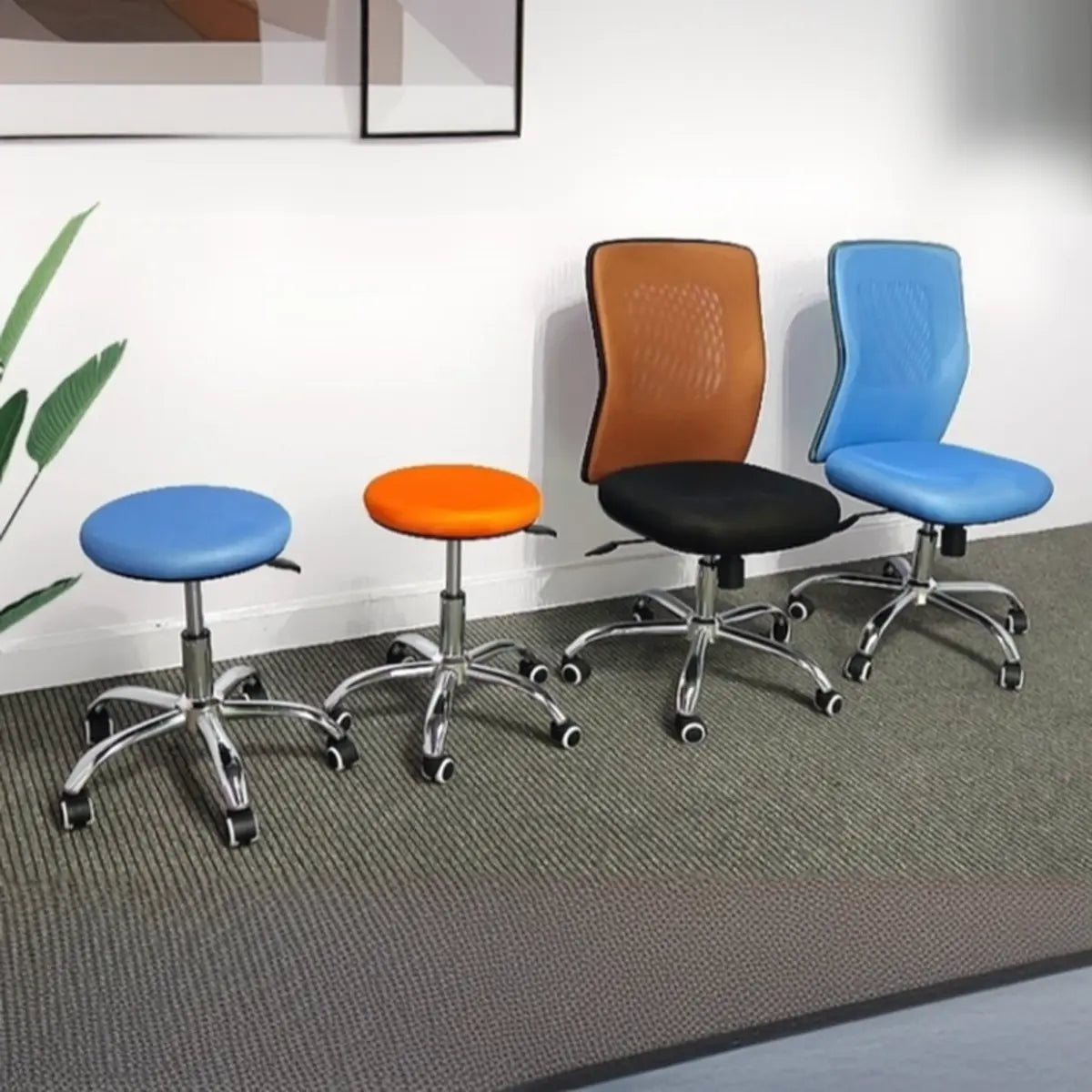 Modern Blue Round Alloy Upholstered Office Stool
