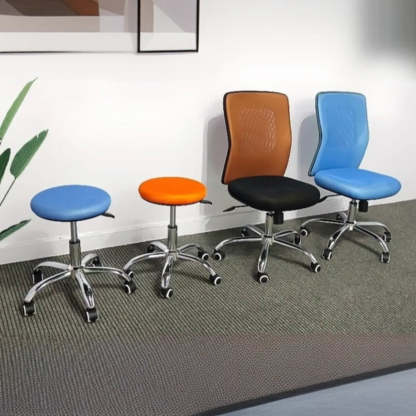 Modern Blue Round Alloy Upholstered Office Stool — Blue / Casters Included / With Back