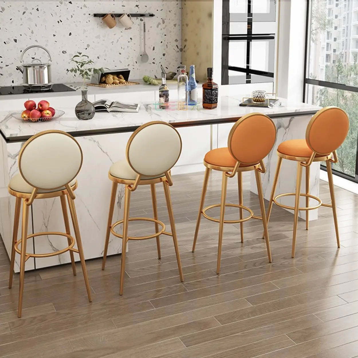 Modern Round-Back Metal Counter Bar Stool — Beige / Gold