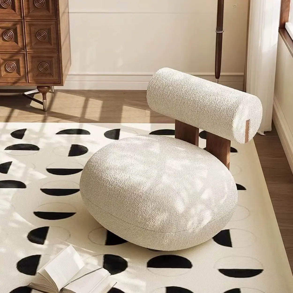 Modern Round Barrel Off-White Sherpa Accent Chair