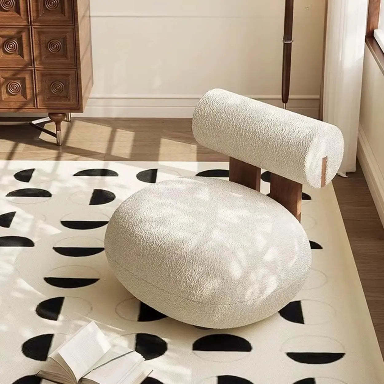 Modern Round Barrel Off-White Sherpa Accent Chair
