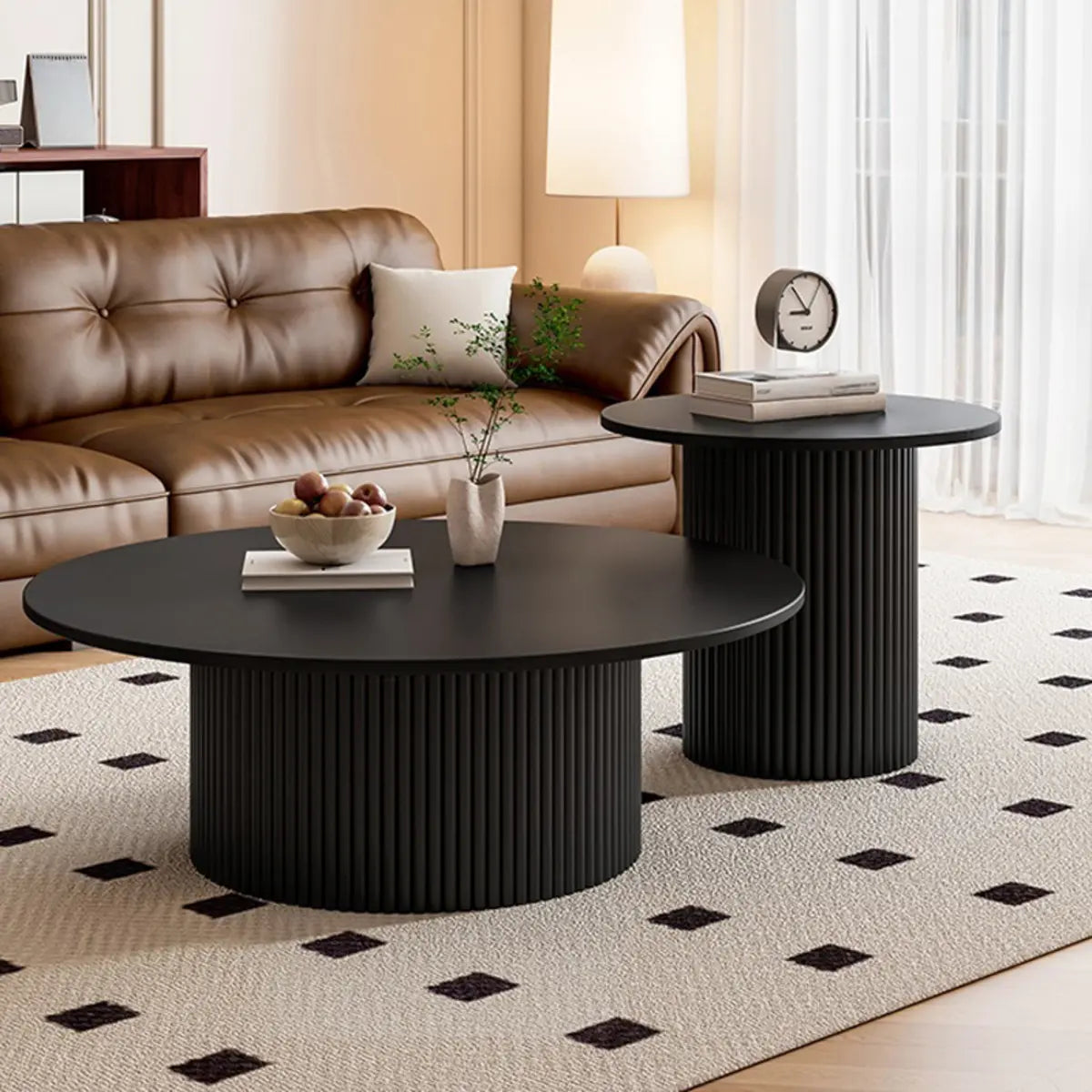 Modern Round Black Stone Nesting Coffee Tables — Black