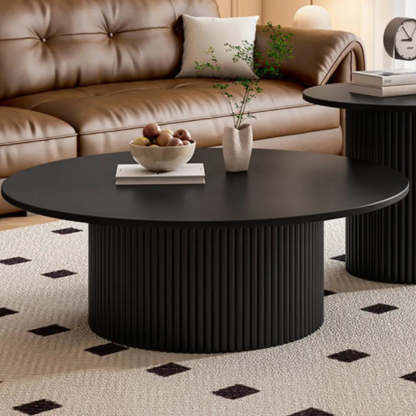 Modern Round Black Stone Nesting Coffee Tables — Matte Black