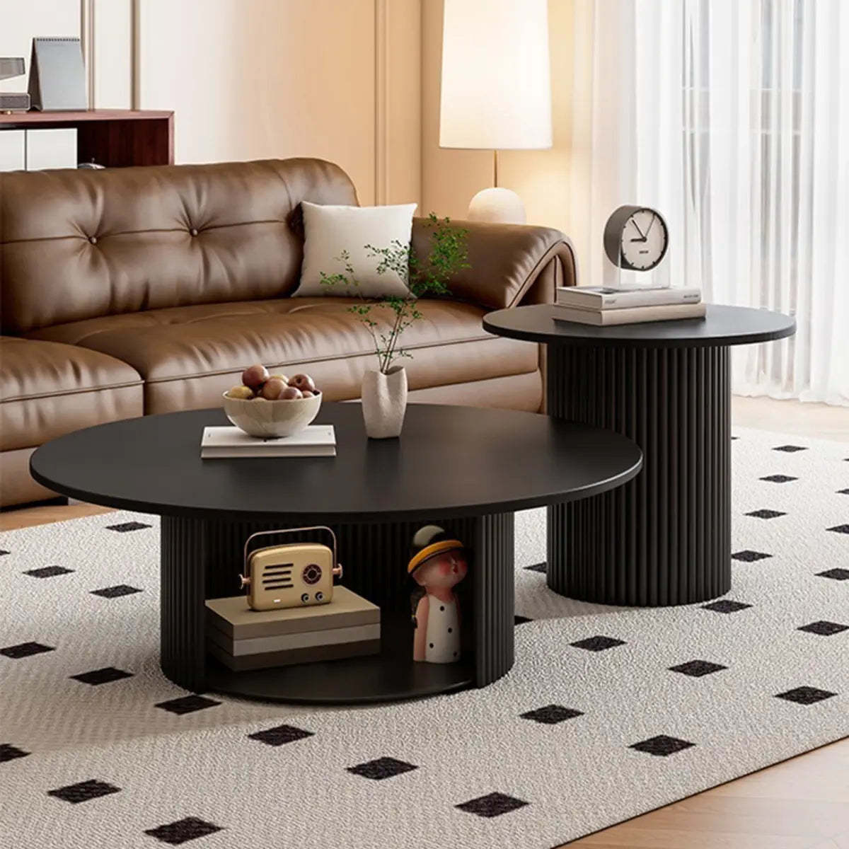 Modern Round Black Stone Nesting Coffee Tables — Black