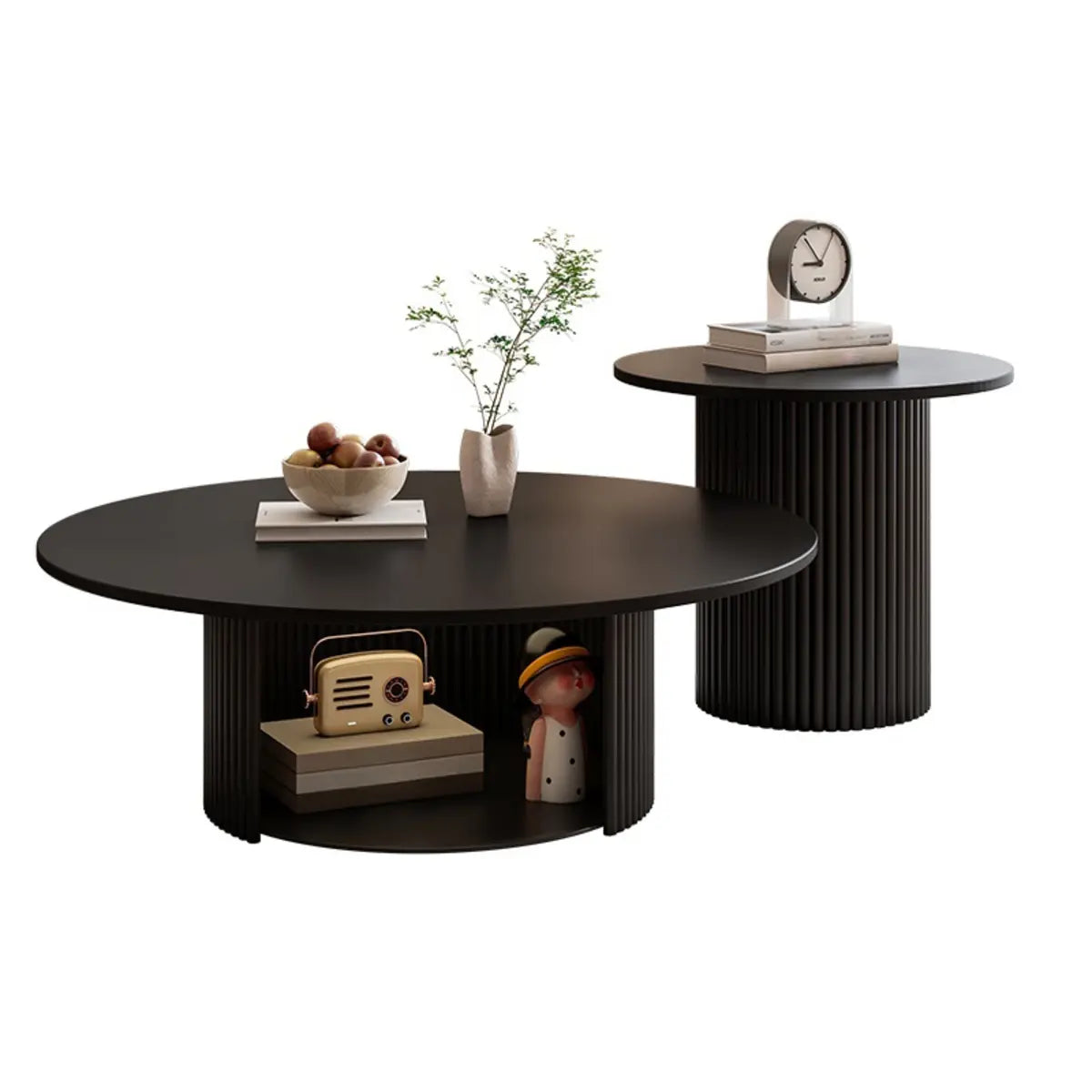 Modern Round Black Stone Nesting Coffee Tables — Black