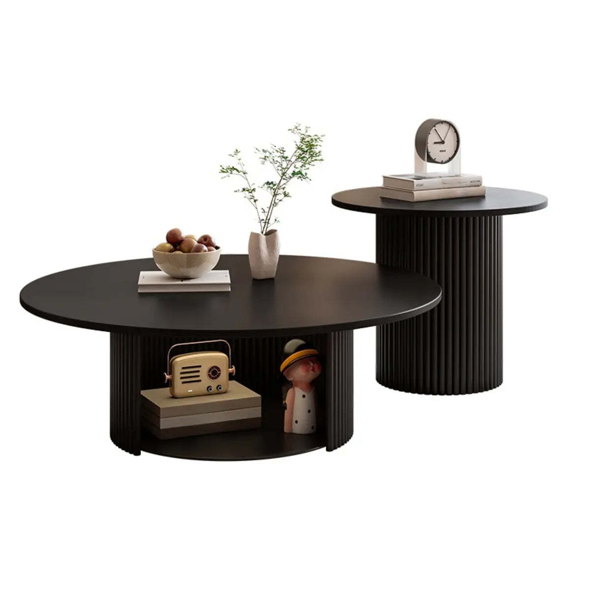 Modern Round Black Stone Nesting Coffee Tables — Black