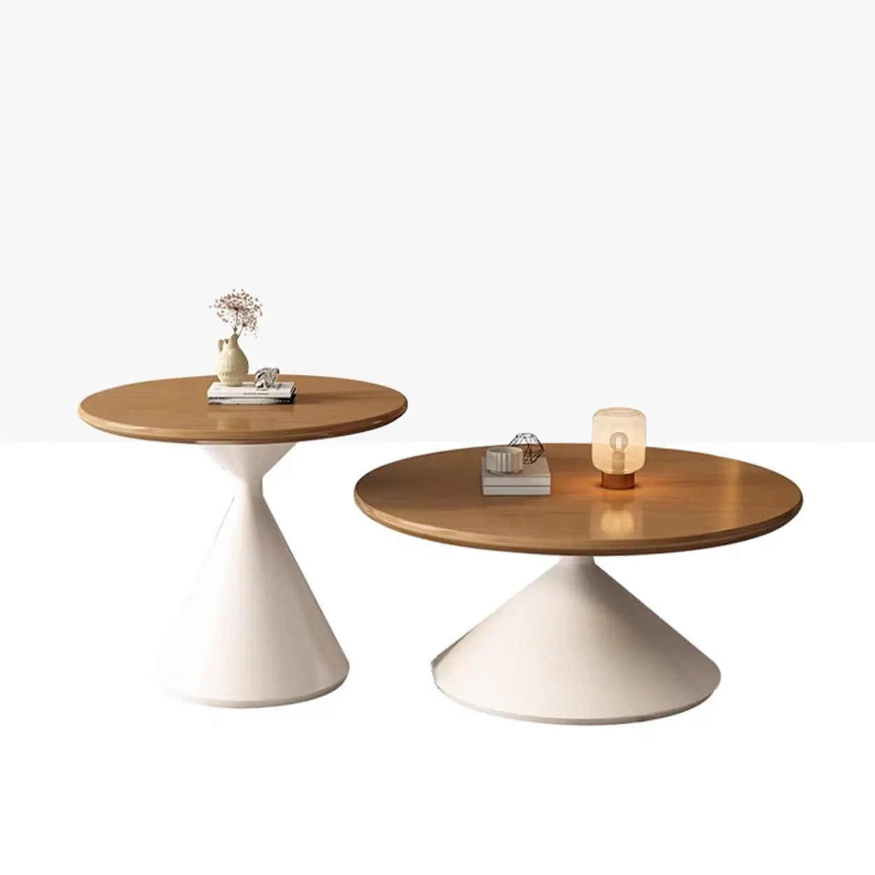 Modern Round Wood Top White Base Coffee Table Set