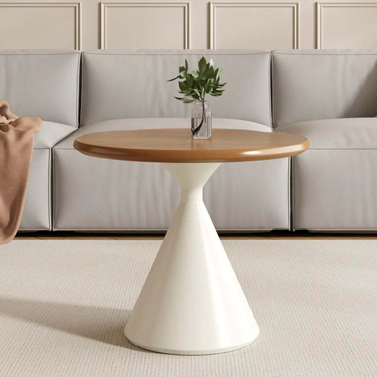 Modern Round Wood Top White Base Coffee Table Set